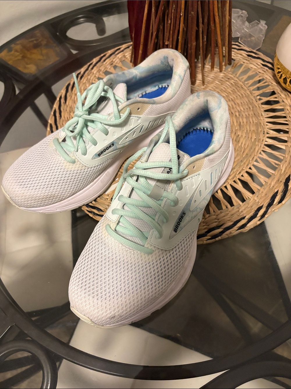 Brooks White and Mint Lace-Up Running Sneakers